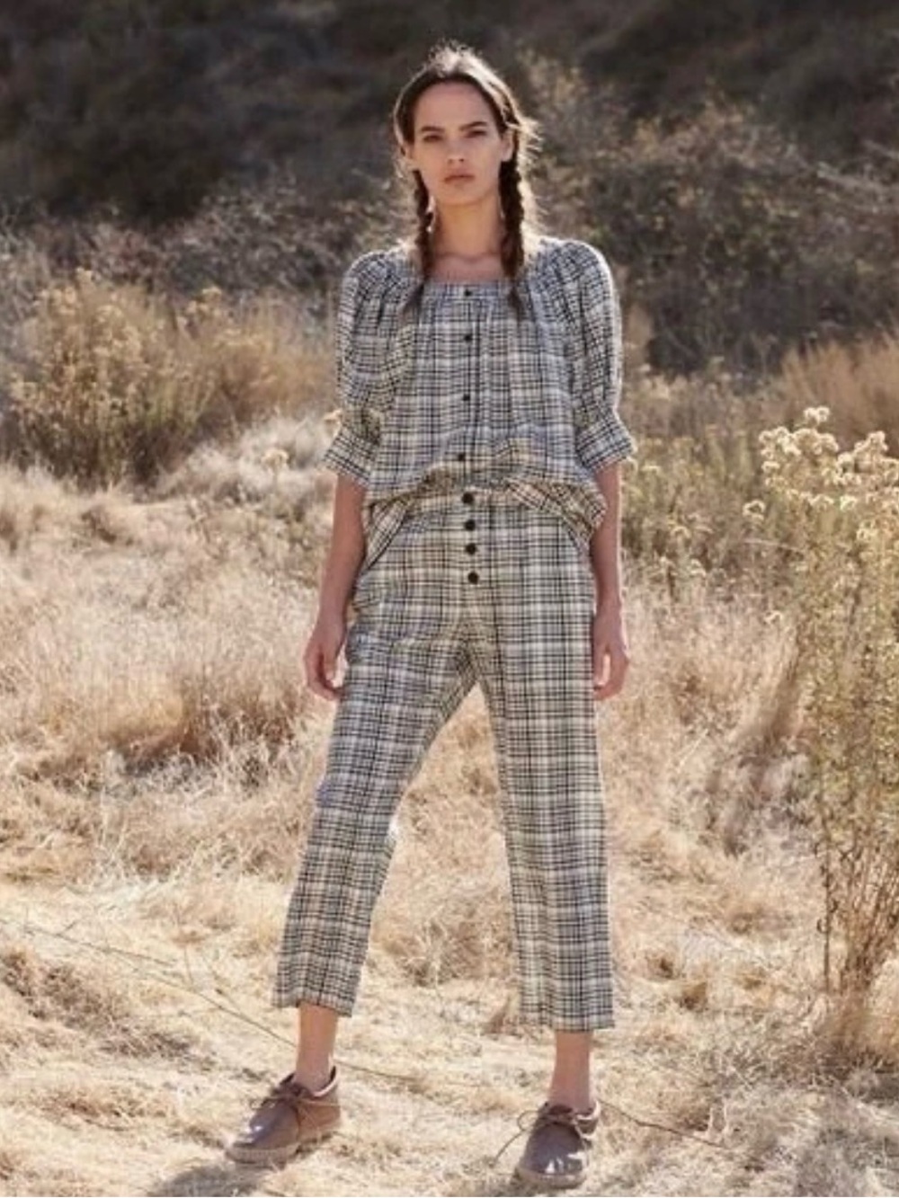 The Great Gunny sack Plaid Paperbag Waist Cropped Pants - Black & White size 1